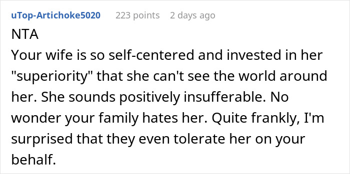 Reddit comment criticizing a wife for being self-centered and insufferable about flaunting money. Reddit comment criticizing a wife for being self-centered and insufferable about flaunting money.