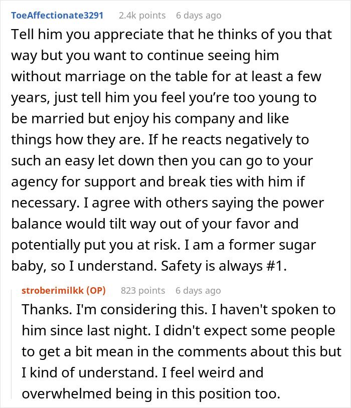 Online discussion about a sugar daddy's marriage proposal, with advice on maintaining relationship balance and safety.