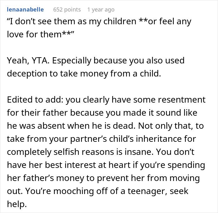 Reddit comment criticizing a man for overcharging stepdaughter with rent deception.