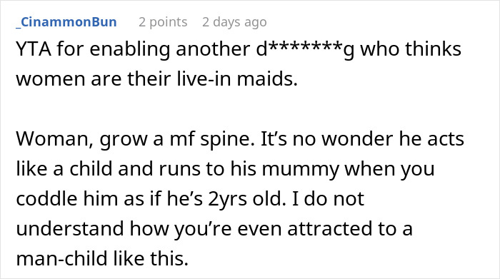 Reddit comment criticizing a man's behavior, calling him a "man-child" running to his mother. Reddit comment criticizing a man's behavior, calling him a "man-child" running to his mother.