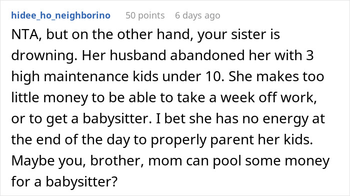Comment discussing babysitting challenges and sibling support, with user suggesting financial help for a sister's childcare needs.