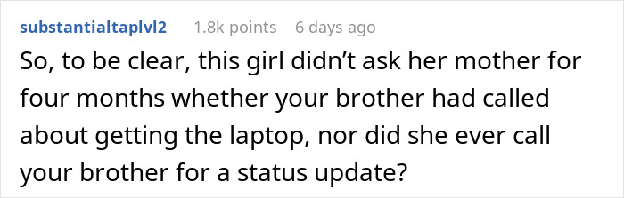 Comment discussing a student not checking on her laptop for months, questioning lack of follow-up.