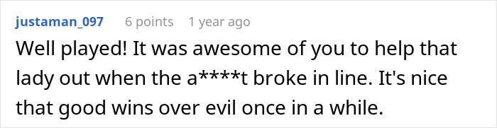 Text comment about petty revenge on an arrogant driver breaking in line, highlighting good overcoming rudeness.