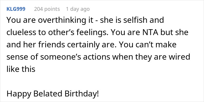 Online comment on a relationship issue, mentioning a birthday conflict and ending with "Happy Belated Birthday!