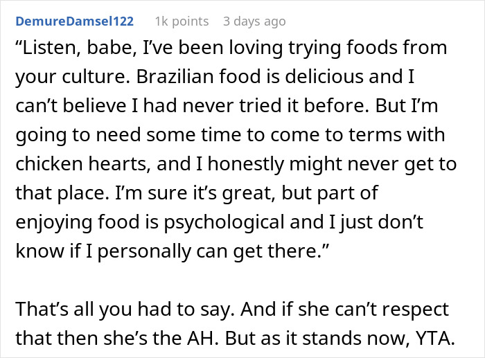 Redditor's comment on cultural food and personal taste differences.