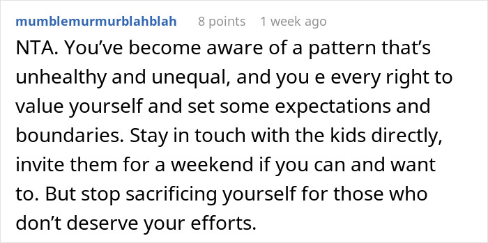 Reddit comment discussing self-worth and boundaries in family relationships with siblings, nieces, and nephews.