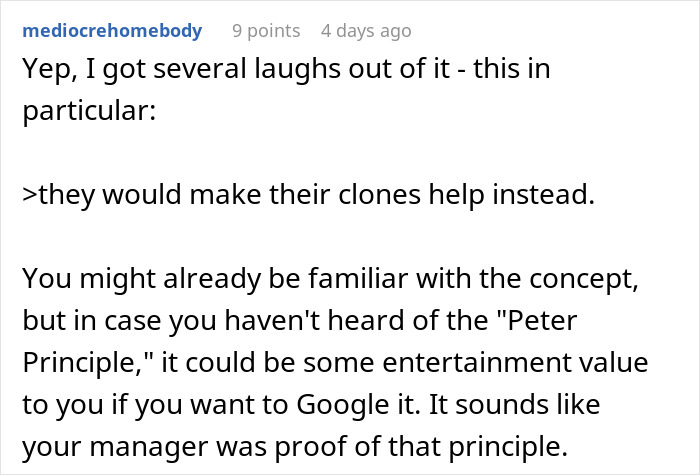 Text exchange discussing the Peter Principle related to a grocery store employee's actions. Text exchange discussing the Peter Principle related to a grocery store employee's actions.