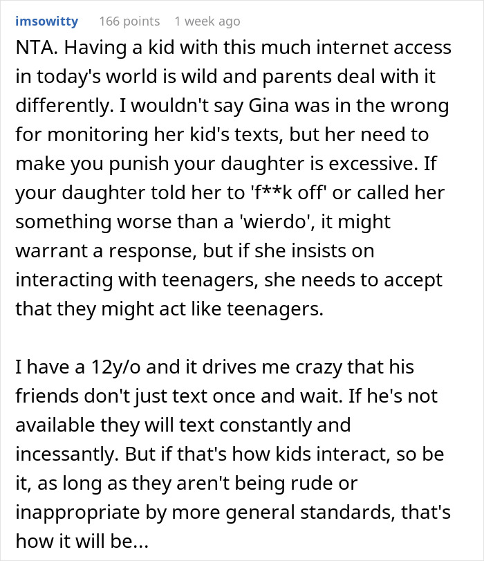 Teen calls friend's mom a "weirdo" over phone checking, sparking parental debate. Teen calls friend's mom a "weirdo" over phone checking, sparking parental debate.