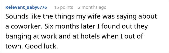 Screenshot of a comment discussing a wife learning the truth about her husband&rsquo;s late-night drinks with a coworker.