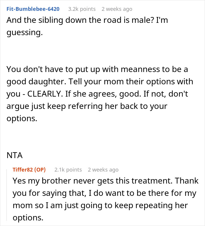 Reddit thread discussing a woman's decision to not care for a cruel father, highlighting sibling treatment differences.