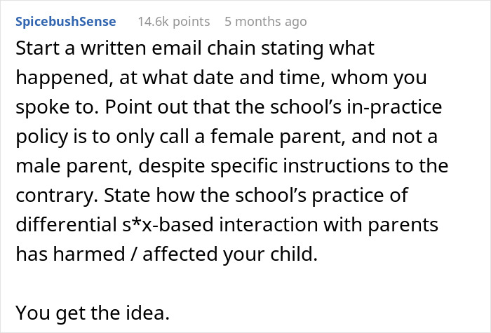 Text highlights school’s tendency to call mom, not dad, for emergencies, despite parents' requests. Text highlights school’s tendency to call mom, not dad, for emergencies, despite parents' requests.