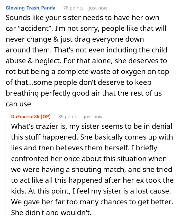 Image of Reddit comments discussing child custody with opinions on neglect and denial.