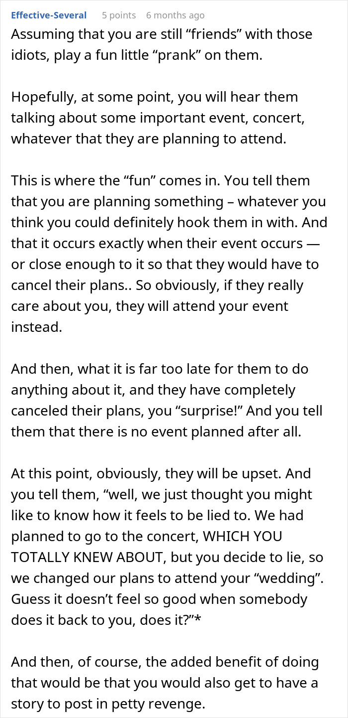 Text post about pranking friends who canceled plans for a wedding but were excluded. Text post about pranking friends who canceled plans for a wedding but were excluded.