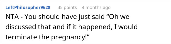 Comment mentioning pregnancy termination in response to MIL jokes about birth control.