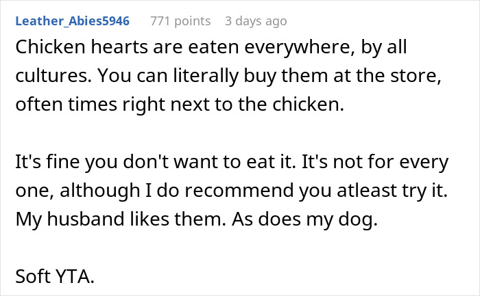 Comment discusses cultural food preferences and acceptance online.