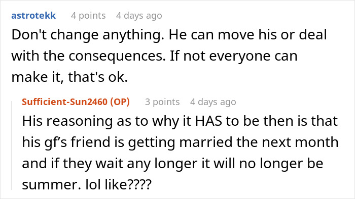 Reddit comments discussing sibling wedding clash and postponing honeymoon. Reddit comments discussing sibling wedding clash and postponing honeymoon.