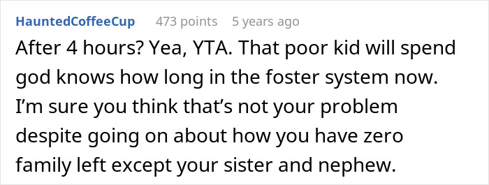 Comment questioning the decision to turn to child services, mentioning the foster system and family situation.