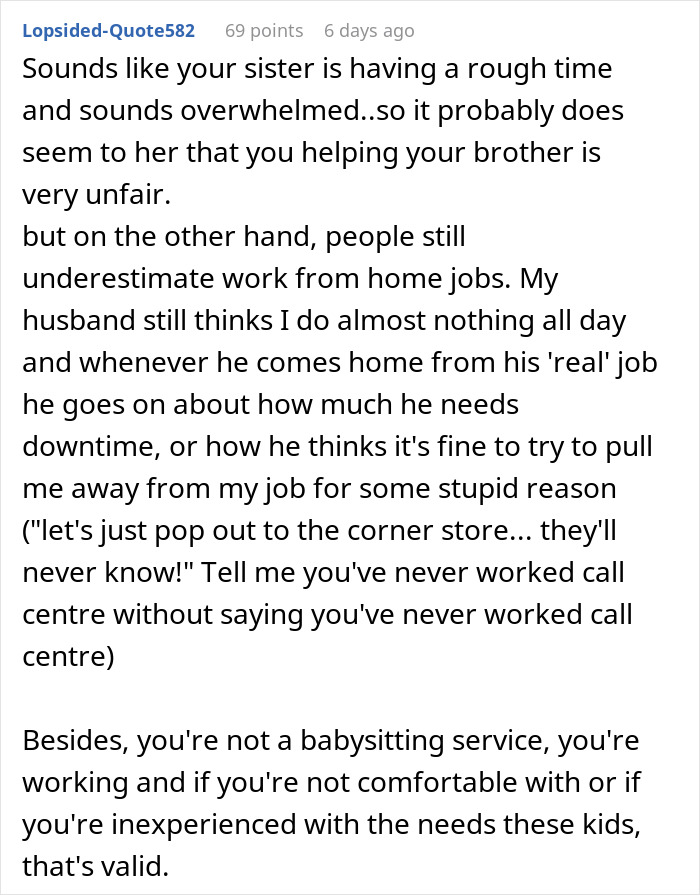 Text about babysitting siblings, discussing work-from-home jobs and differing family expectations.