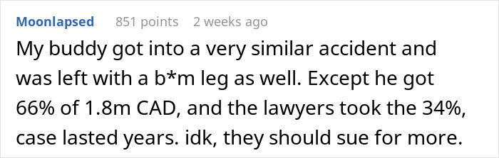 Screenshot of a forum comment discussing a man injured in an accident and legal compensation details related to physical consequences. Screenshot of a forum comment discussing a man injured in an accident and legal compensation details related to physical consequences.
