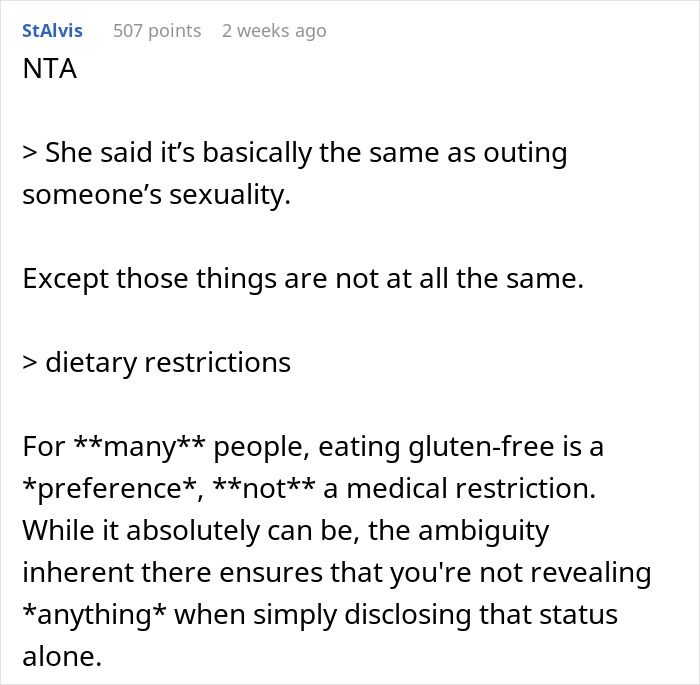 Text discussing gluten-free diet compared to outing sexuality, emphasizing dietary restrictions.