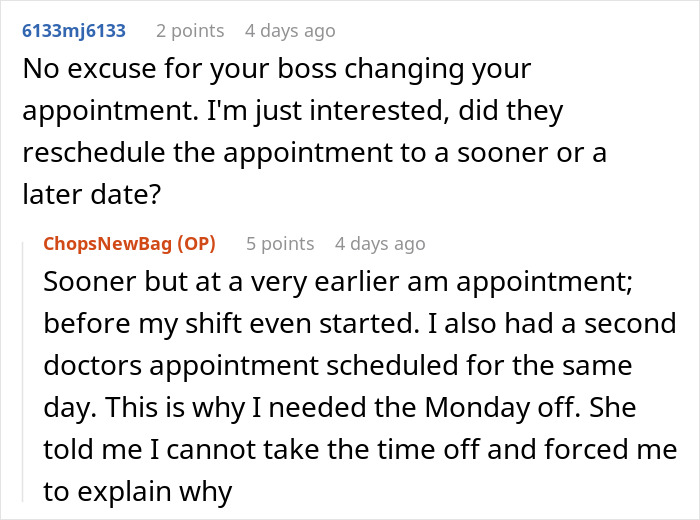 Reddit discussion about a boss canceling a doctor's appointment without consent, with comments on rescheduling issues.