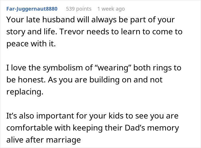 Comment discussing symbolism of wife's tattoo from late husband.