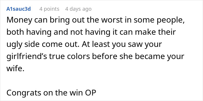 Reddit comment about a breakup, mentioning true colors and money issues.
