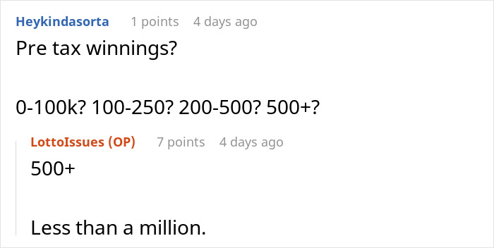 Discussion on lotto winnings range between 500k and one million in online comments.