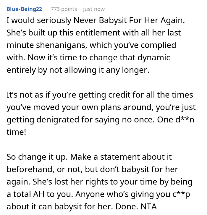 Advice about babysit sister kids when work and dinner plans conflict, setting boundaries firmly for personal time.
