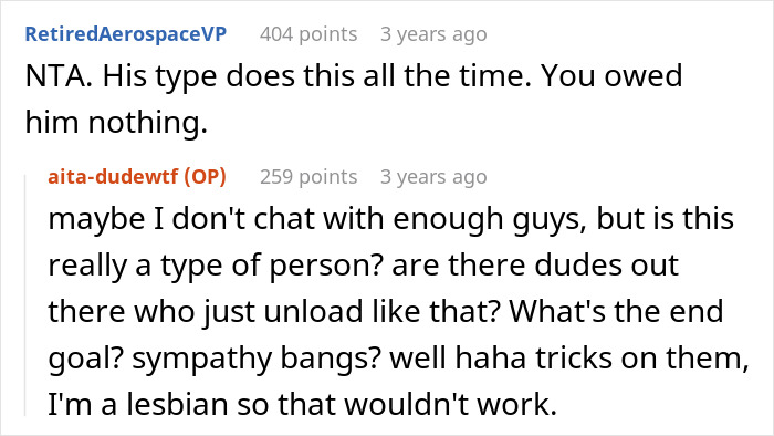 Woman responding to a guy oversharing, humorously noting she's not a therapist.