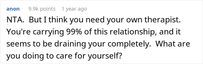 Text comment from an online forum about needing a therapist, discussing relationship strain and self-care advice. Text comment from an online forum about needing a therapist, discussing relationship strain and self-care advice.
