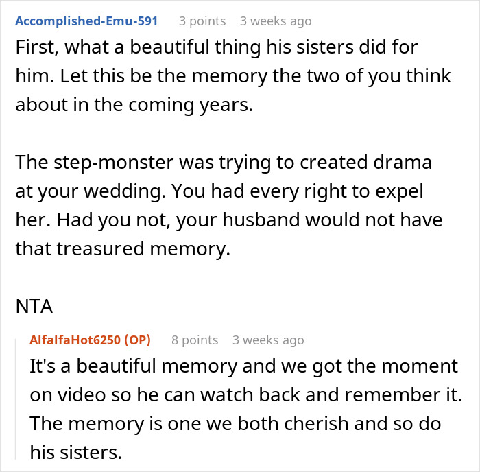 Reddit comments discussing step-monster drama and creating a treasured wedding memory despite being upset at the event.