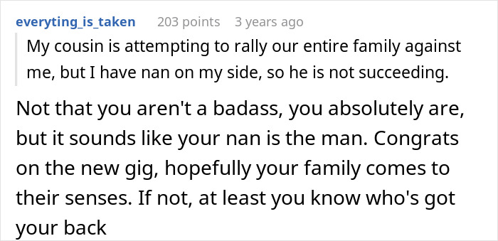 Reddit comment discussing family dynamics, mentioning support from a grandmother, related to maternity leave context. Reddit comment discussing family dynamics, mentioning support from a grandmother, related to maternity leave context.