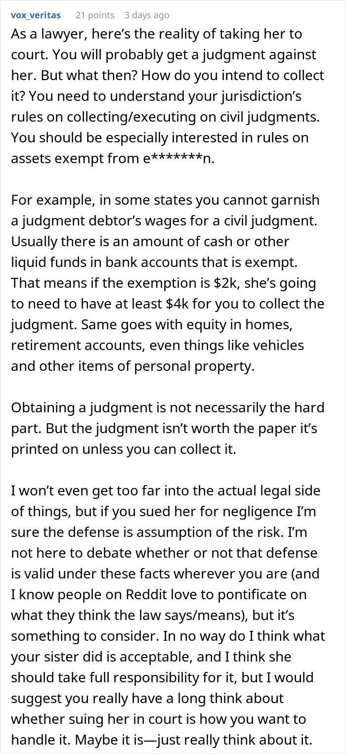 Text of legal advice on collecting civil judgments, discussing family-related damages and potential court actions.