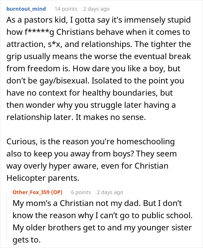 Text conversation discussing struggles with Christian upbringing, attraction, relationships, and homeschooling challenges.