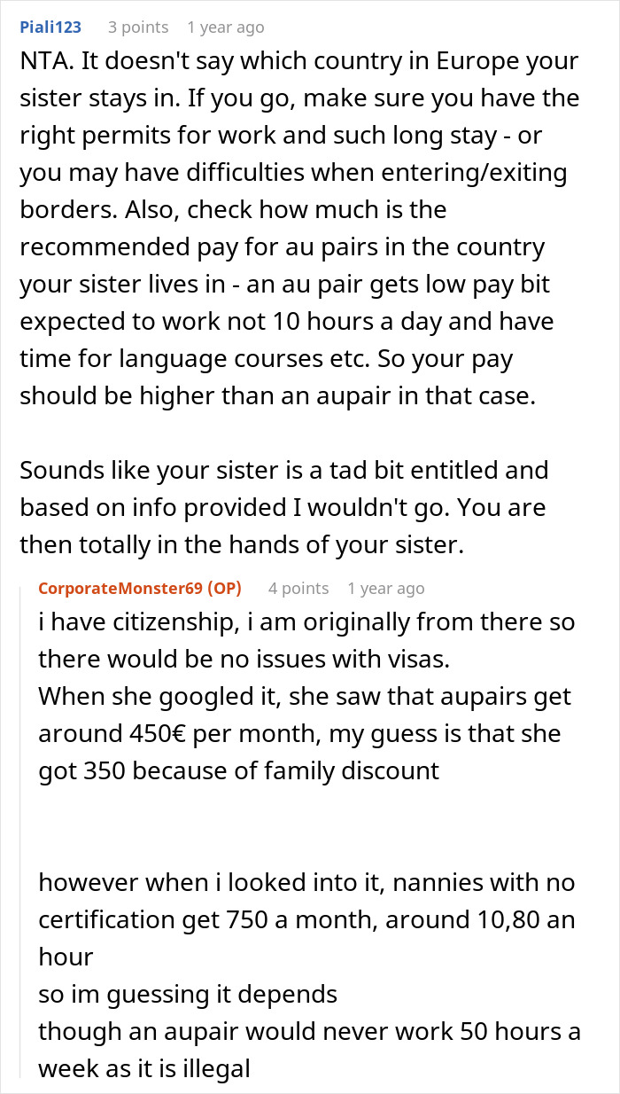 Discussion about woman refusing to pay sister fairly for babysitting newborn and conflict over low hourly rate.