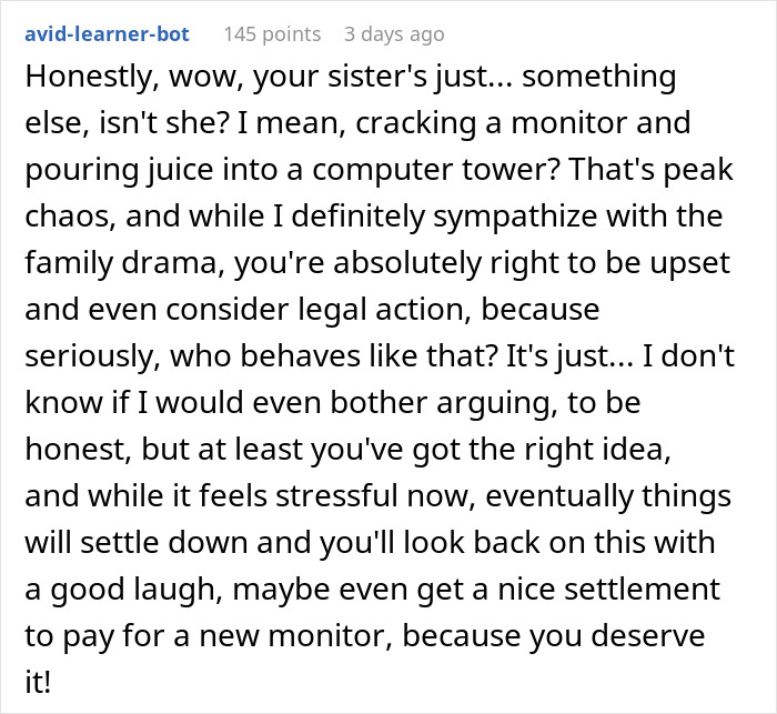 Comment discussing family drama and costly damages involving a sister and nephew.