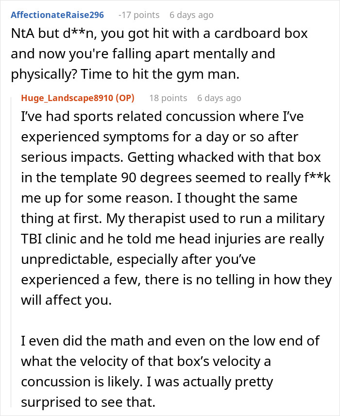 Comment thread discussing the impact of being hit by a heavy box causing concussion symptoms.