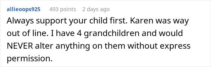 Comment discusses a grandparent's stance against cutting a child's hair without permission.