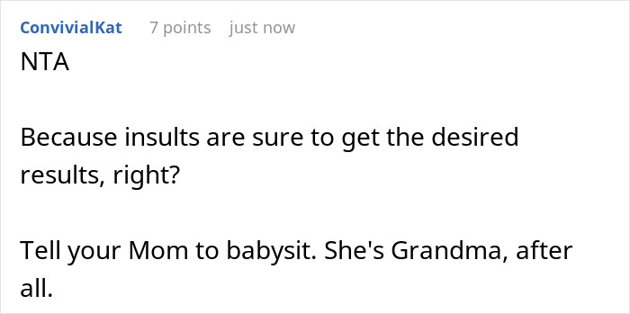 Reddit comment about stress related to finding a babysitter, suggesting grandma as an alternative.