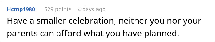Online comment suggesting a smaller wedding due to budget concerns.