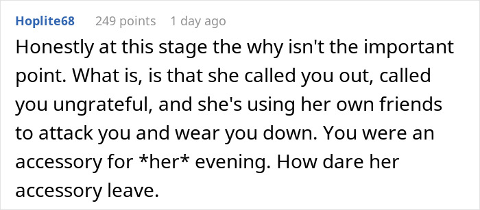 Reddit comment discussing a situation about a birthday dinner and turning it into someone else's celebration.