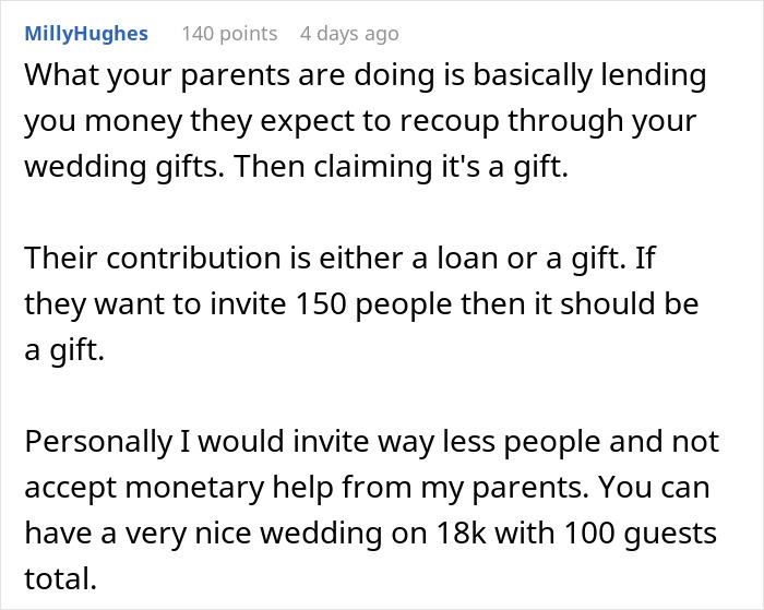 Comment discusses wedding reception costs and parents' financial expectations regarding gifts.