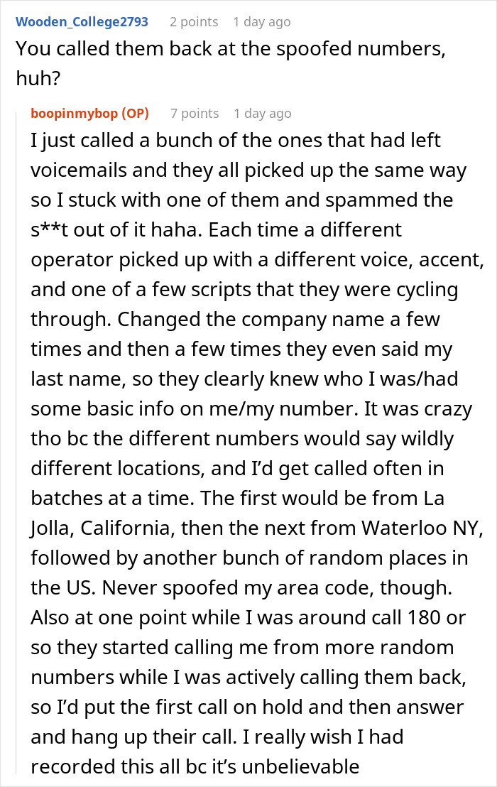 Reddit conversation about spam calls and a man's persistence calling them back 266 times.