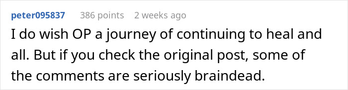 Screenshot of a Reddit comment discussing the woman furious about bearing physical consequences of her fiancé's accident. Screenshot of a Reddit comment discussing the woman furious about bearing physical consequences of her fiancé's accident.