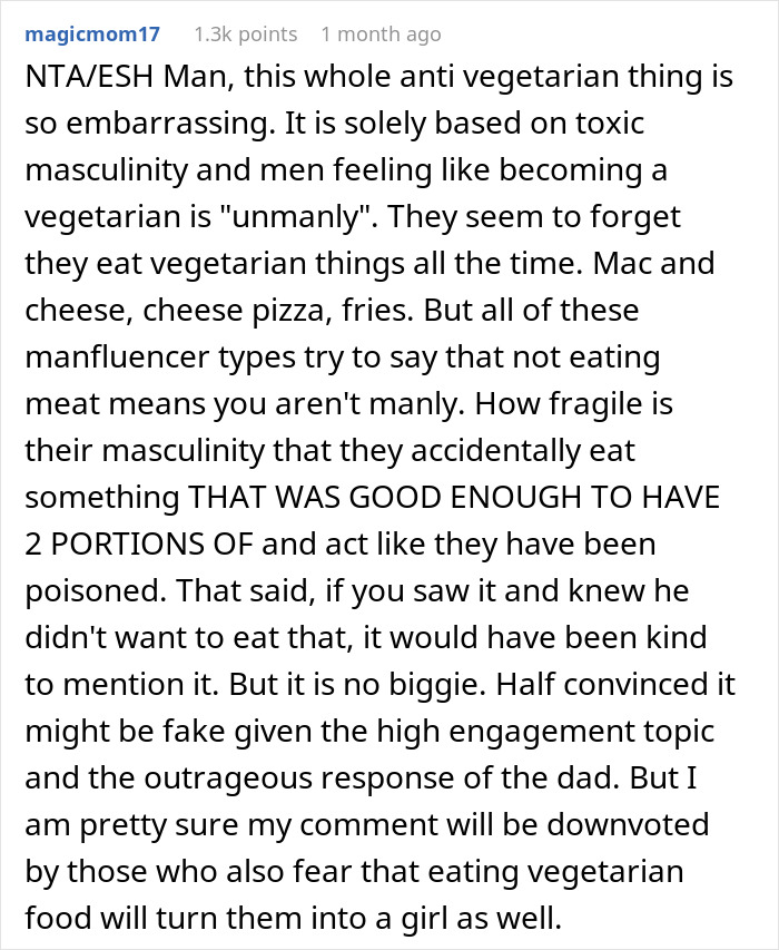 Reddit comment discussing anti-vegetarian views and toxic masculinity after incident with vegetarian meatballs.