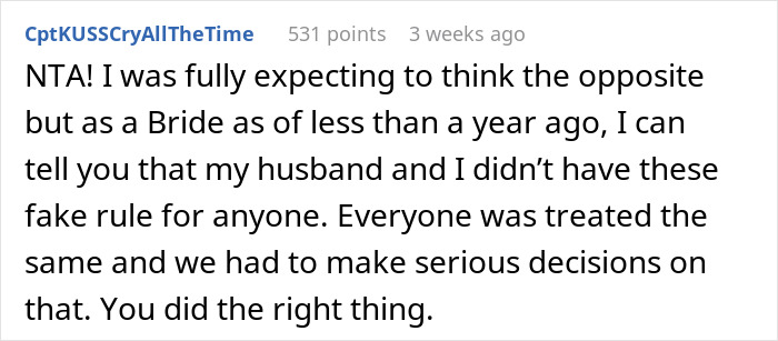 Comment discussing fairness of plus one rule at a wedding.