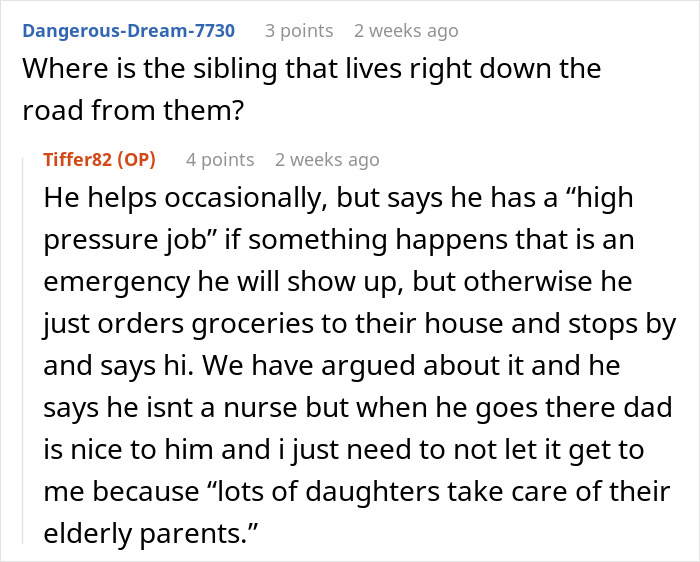 Discussion on care responsibilities, sibling's minimal involvement with father despite nearby living.