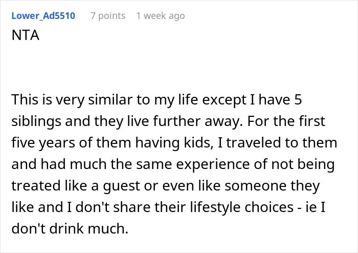 Text stating user's experience with siblings, nieces, nephews, and feeling unwelcomed due to lifestyle differences.
