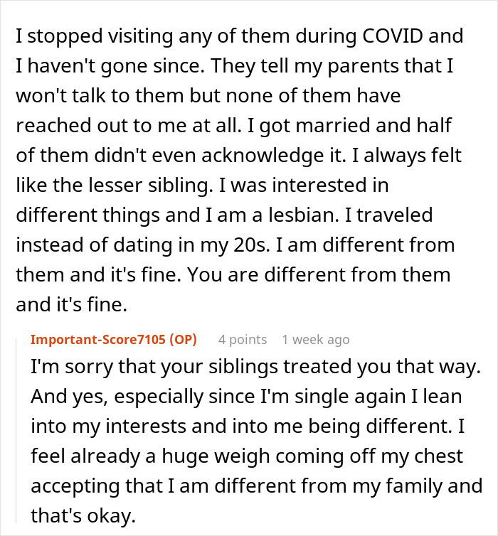 Text discussing family visits, personal identity, and feeling different from siblings.